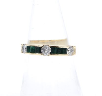 emerald, diamond, ring, yellow gold, band