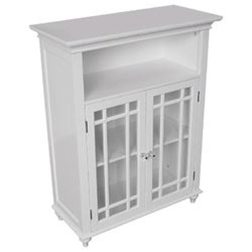 Picture of Classic White Wood 2-Door Bathroom Floor Cabinet with Glass Paneled Doors