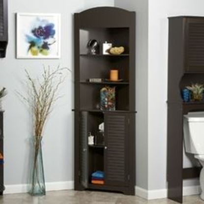 图片 Espresso Bathroom Linen Tower Corner Towel Storage Cabinet with 3 Open Shelves