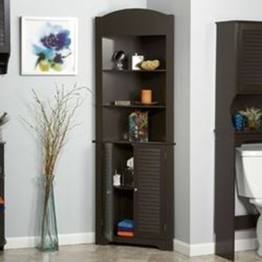 Picture of Espresso Bathroom Linen Tower Corner Towel Storage Cabinet with 3 Open Shelves