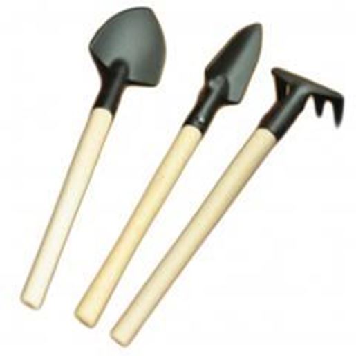 Picture of Wood Handle Metal Garden Weeder Bow Rake Shovels-(Set Of Three)