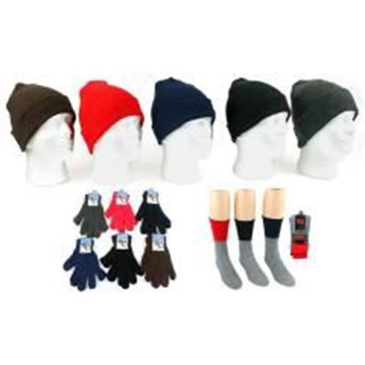 Picture of Adult Cuffed Winter Knit Hats, Adult Magic Gloves, and Men's Thermal Crew Socks Case Pack 180