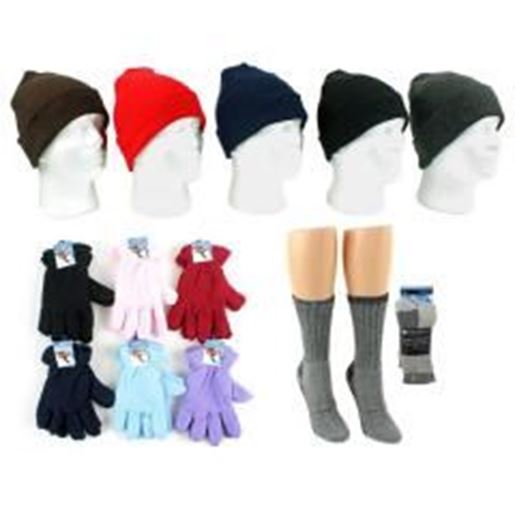 Foto de Adult Cuffed Winter Knit Hats, Women's Fleece Lined Gloves, and Women's Merino Wool Blend Socks Combo Case Pack 180