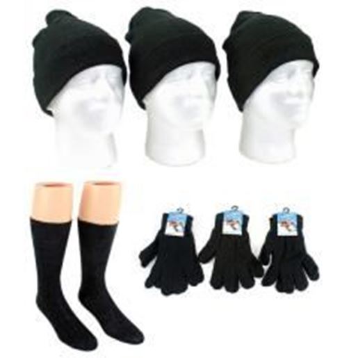 Picture of Adult Cuffed Winter Knit Hats, Adult Magic Gloves, and Men's Merino Wool Blend Socks (Black) Combo Case Pack 180