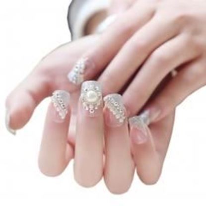 Picture of Stylish Wedding Bridal Nail Jewelry French Nails Rhinestone Nail Art False Nails, #16