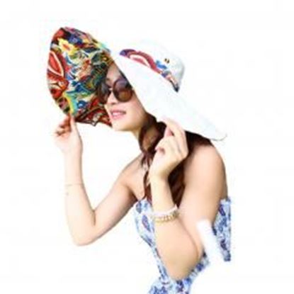 Foto de Blue Color Women Sun Hat Wide Brim Beach Bohemia Foldable Cap