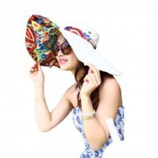 Picture of Blue Color Women Sun Hat Wide Brim Beach Bohemia Foldable Cap