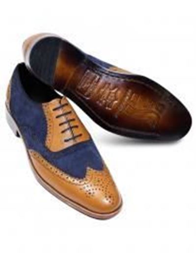 Studio Empoli Handmade Partial Suede Brogue Oxford Wingtip Leather Shoes - Tan/Blue 9.5 