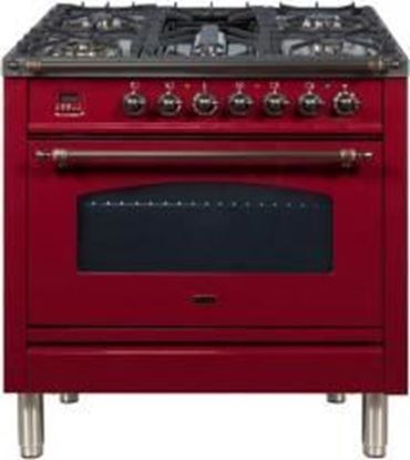 ILVE 36" Nostalgie Series Freestanding Single Oven Dual Fuel Range with 5 Sealed Burners and Griddle in Burgundy 