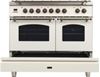 ILVE 40" Nostalgie Series Freestanding Double Oven Dual Fuel Range with 5 Sealed Burners and Griddle in Antique White