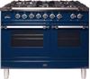 ILVE 40" Nostalgie Series Freestanding Double Oven Dual Fuel Range with 5 Sealed Burners and Griddle in Blue