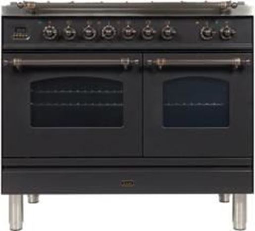 ILVE 40" Nostalgie Series Freestanding Double Oven Dual Fuel Range with 5 Sealed Burners and Griddle in Glossy Black