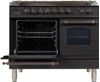 ILVE 40" Nostalgie Series Freestanding Double Oven Dual Fuel Range with 5 Sealed Burners and Griddle in Glossy Black
