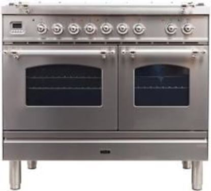 ILVE 40" Nostalgie Series Freestanding Double Oven Dual Fuel Range with 5 Sealed Burners and Griddle in Stainless Steel