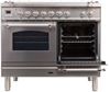 ILVE 40" Nostalgie Series Freestanding Double Oven Dual Fuel Range with 5 Sealed Burners and Griddle in Stainless Steel