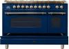 ILVE 48" Nostalgie Series Freestanding Double Oven Dual Fuel Range with 7 Sealed Burners and Griddle in Blue
