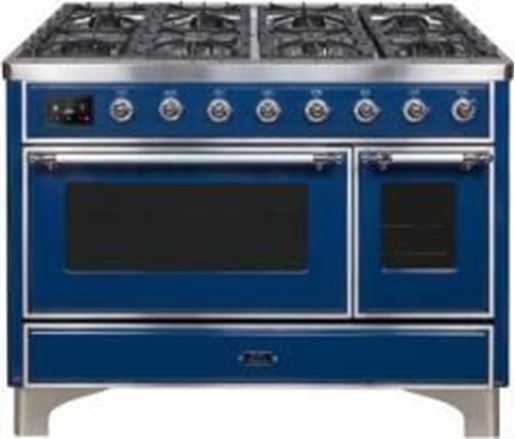 ILVE 48" Majestic II Series Freestanding Dual Fuel Double Oven Range with 8 Sealed Burners, Triple Glass Cool Door, Convection Oven, TFT Oven Control Display, Child Lock and Griddle in Midnight Blue