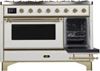 ILVE 48" Majestic II Series Freestanding Dual Fuel Double Oven Range with 8 Sealed Burners, Triple Glass Cool Door, Convection Oven, TFT Oven Control Display, Child Lock and Griddle in White 