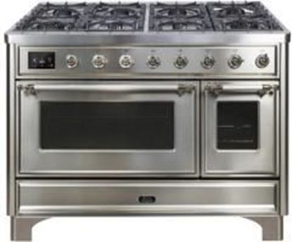 ILVE 48" Majestic II Series Freestanding Dual Fuel Double Oven Range with 8 Sealed Burners, Triple Glass Cool Door, Convection Oven, TFT Oven Control Display, Child Lock and Griddle in Stainless Steel 