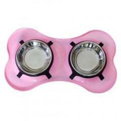 bone-shaped-plastic-pet-double-diner-with-stainless-steel-bowls-pink-and-silver