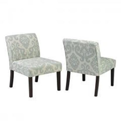  This extra-wide accent chair takes ultra-chic style and comfort to another level. Its high-grade fabric features a damask pattern in textured soft blue and white and it wraps itself around incredibly soft seat cushion. The full-length chair back is also well padded for optimal upper body support. Espresso-toned legs are sturdy and complement nearby furniture and existing dcor.