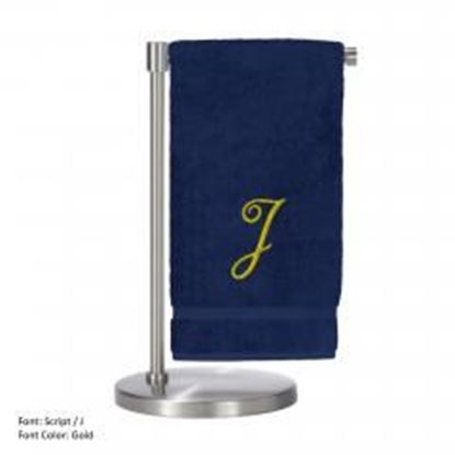 Picture of Monogrammed Bath Towel, Personalized Gift, 27 x 54 Inches - Set of 2 - Gold Script Embroidered Towel - 100% Turkish Cotton - Soft Terry Finish - For Bathroom, or Spa - Script J Navy Towels