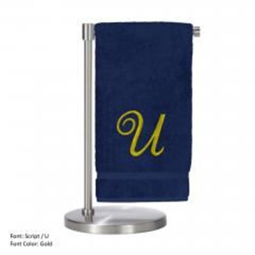 Picture of Monogrammed Bath Towel, Personalized Gift, 27 x 54 Inches - Set of 2 - Gold Script Embroidered Towel - 100% Turkish Cotton - Soft Terry Finish - For Bathroom, or Spa - Script U Navy Towels