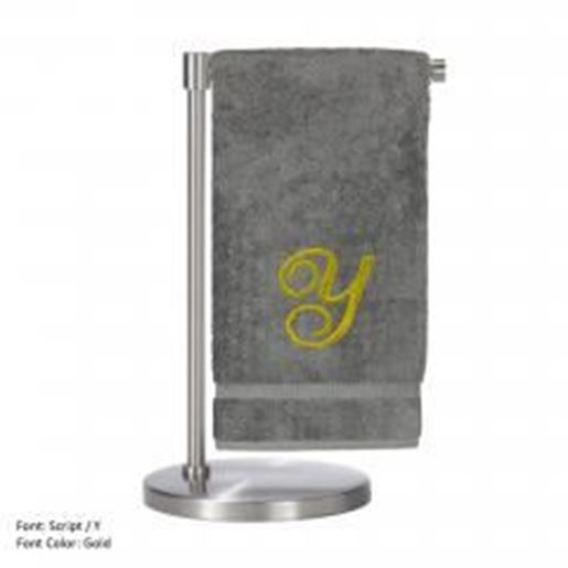 Picture of Monogrammed Bath Towel, Personalized Gift, 27 x 54 Inches - Set of 2 - Gold Script Embroidered Towel - 100% Turkish Cotton - Soft Terry Finish - For Bathroom, or Spa - Script Y Gray Towels