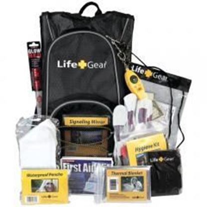  Life+Gear LG492 Day Pack Emergency Survival Backpack Kit Includes water-resistant backpack, first aid kit, directional compass, all-weather poncho, signaling mirror, writing pad & pen, waterproof document bag, thermal blanket, signaling whistle, 4-in-1 LED light, leather working gloves, respirator mask & hygiene kit;