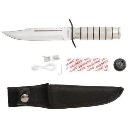  With its versatile utility and hidden cache of built-in implements, this survival knife lives up to its name. The zinc aluminum handle also provides a secure grip to ensure your knife stays steadily in hand during intense use. Features non-glare stainless steel honed blade, stainless steel guard, removable pommel cap containing compass, hook, fishing line, weight, needle and thread, and nylon sheath with strap. Measures 9-1/4" overall, with a 5-1/4" blade. Limited lifetime warranty. Gift boxed.