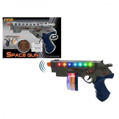  Battery Operated Vibrating space Revolver Gun with Sound. Pull the trigger and see the tip of the gun ""blaze"" while you hear the space gun sounds.  Each display boxed Size 9, 10½ X 1½ X 7¼ Inches Assorted colors and designs 3 ""AA"" BATTERIES NOT INCLUDED