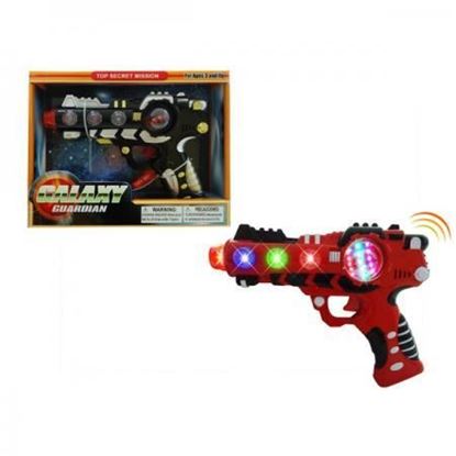  Battery Operated Vibrating Space Gun Guns with Sound. Pull the trigger and see the tip of the gun ""blaze"" while you hear the space gun sounds.  Each display boxed Size 8½, 9¾ X 1¾ X 7½ Inches Assorted colors and designs 3 ""AA"" batteries included