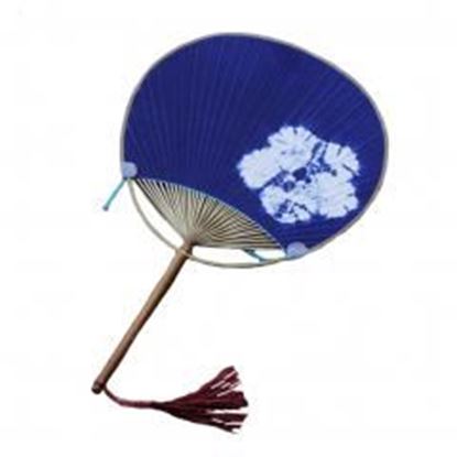 Picture of Japanese Style Cotton Fabric Print Decor Bamboo Handle Round Hand Fan - Indigo