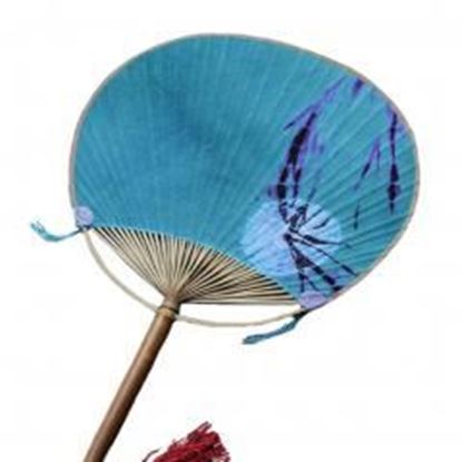 Picture of Japanese Style Cotton Fabric Print Decor Bamboo Handle Round Hand Fan - Cyan