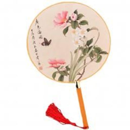 Picture of 2PCS Cotton Fabric Fan Print Decor Bamboo Handle Round Hand Fan, Spring