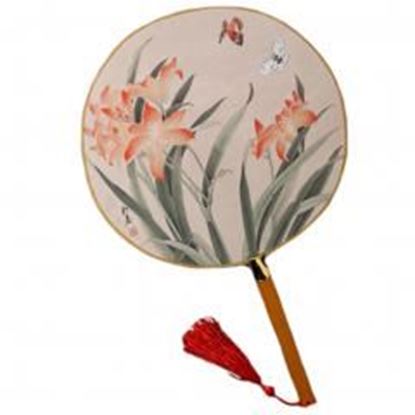 Picture of 2PCS Cotton Fabric Fan Print Decor Bamboo Handle Round Hand Fan Butterfly/Flower