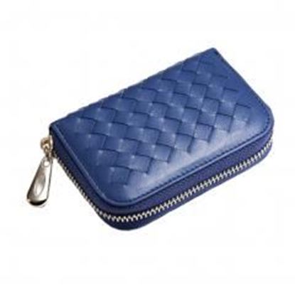 Foto de Womens Credit Card Case Weaved Organizer Bag Holder Zipper Wallet - Dark Blue