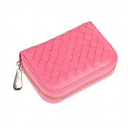 图片 Womens Credit Card Case Weaved Organizer Bag Holder Zipper Wallet - Pink