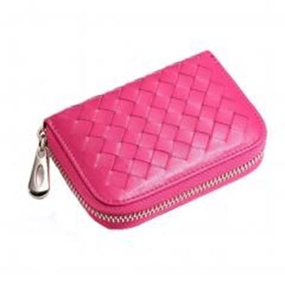 Изображение Womens Credit Card Case Weaved Organizer Bag Holder Zipper Wallet - Rose Red