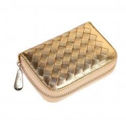 Изображение Womens Credit Card Case Weaved Organizer Bag Holder Zipper Wallet - Golden