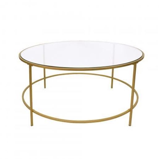 The Urban Port Contemporary Style Round Metal Framed Coffee Table with Glass Top, Gold and Clear