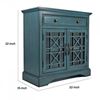 Benjara Craftsman Series 32 Inch Wooden Accent Cabinet with Fretwork Glass Front, Blue