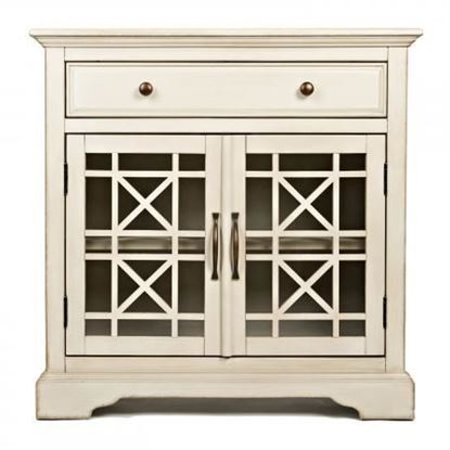 Image de Benjara Craftsman Series 32 Inch Wooden Accent Cabinet with Fretwork Glass Front, Cream