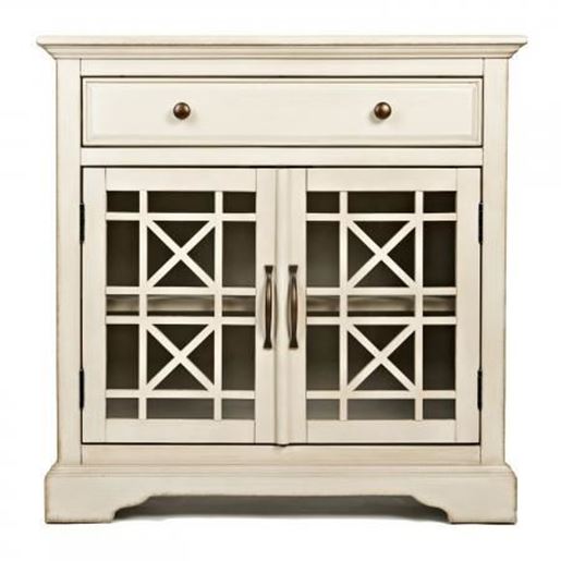 Image sur Benjara Craftsman Series 32 Inch Wooden Accent Cabinet with Fretwork Glass Front, Cream