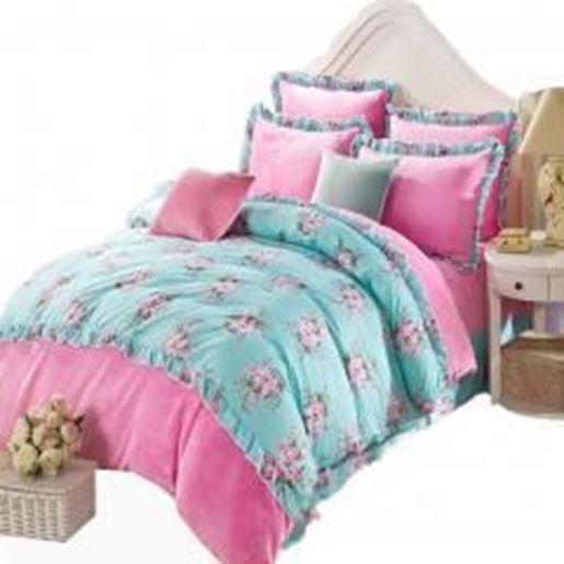 Wukong Paradise Floal Flower Light Blue & Pink Flannel Duvet Cover Set 4PC Queen Size