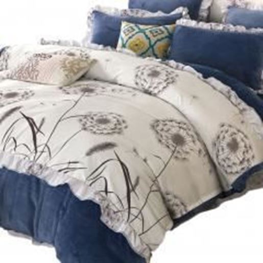 Wukong Paradise Warm Dandelion Blue & White Flannel Duvet Cover Set 4PC Queen Size