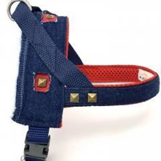  01234567891011 Resize image Download image Notice a problem with this product or it's information? Tell us about it.  Puccissime Pet Couture Frayed denim & red harness with bronze studs Size XS