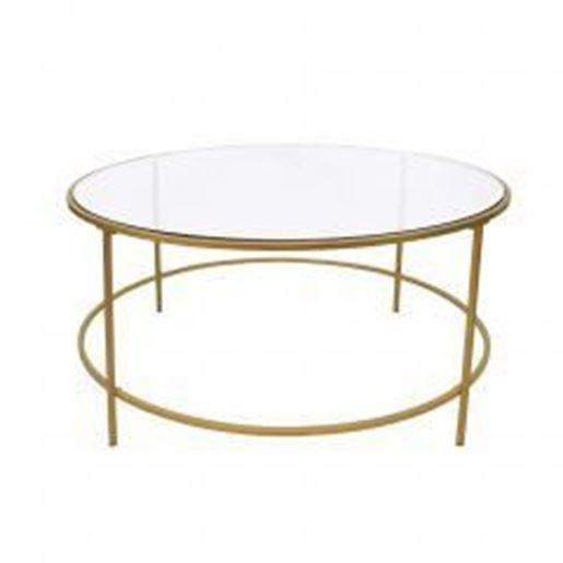 Contemporary Style Round Metal Framed Coffee Table with Glass Top, Gold and Clear