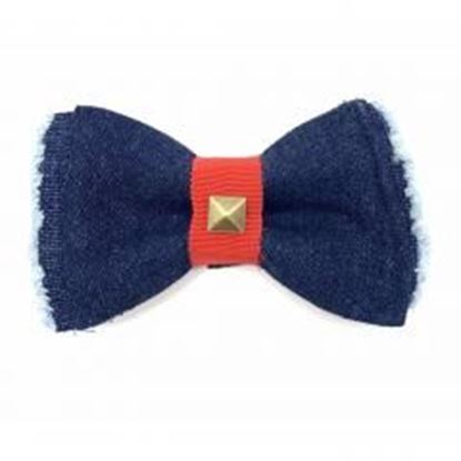 Picture of Frayed denim & red bow tie with bronze studs