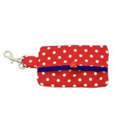 Foto de Red Polka dog waste bag holder with blue suede lining